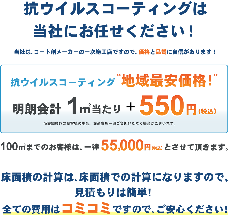 抗ウイルスコーティングは当社にお任せください！当社は、コート剤メーカーの一次施工店ですので、価格と品質に自信があります！